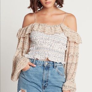 NWT Off The Shoulder Long Sleeve Cream Printed Blouse - Size XS